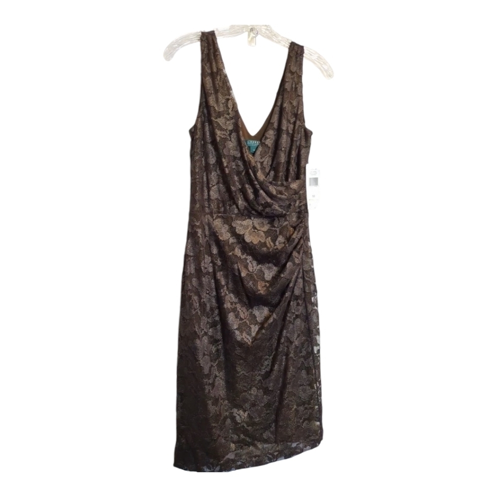 Lauren Ralph Lauren brown lace Holiday midi dress ruched shift NEW sleeveless